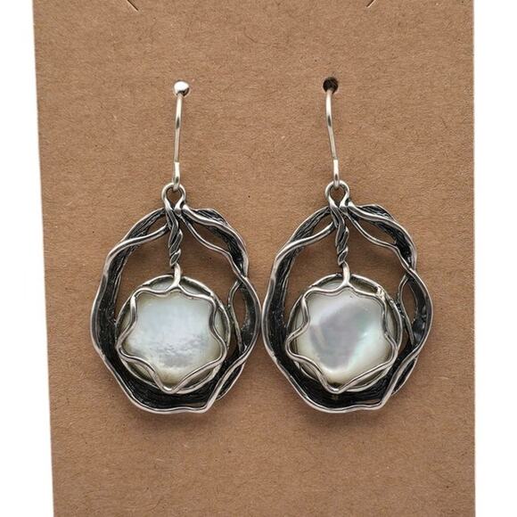 Mother of Pearl Cabachon C&H Sterling Silver Dangle Vintage Earrings - Picture 1 of 8